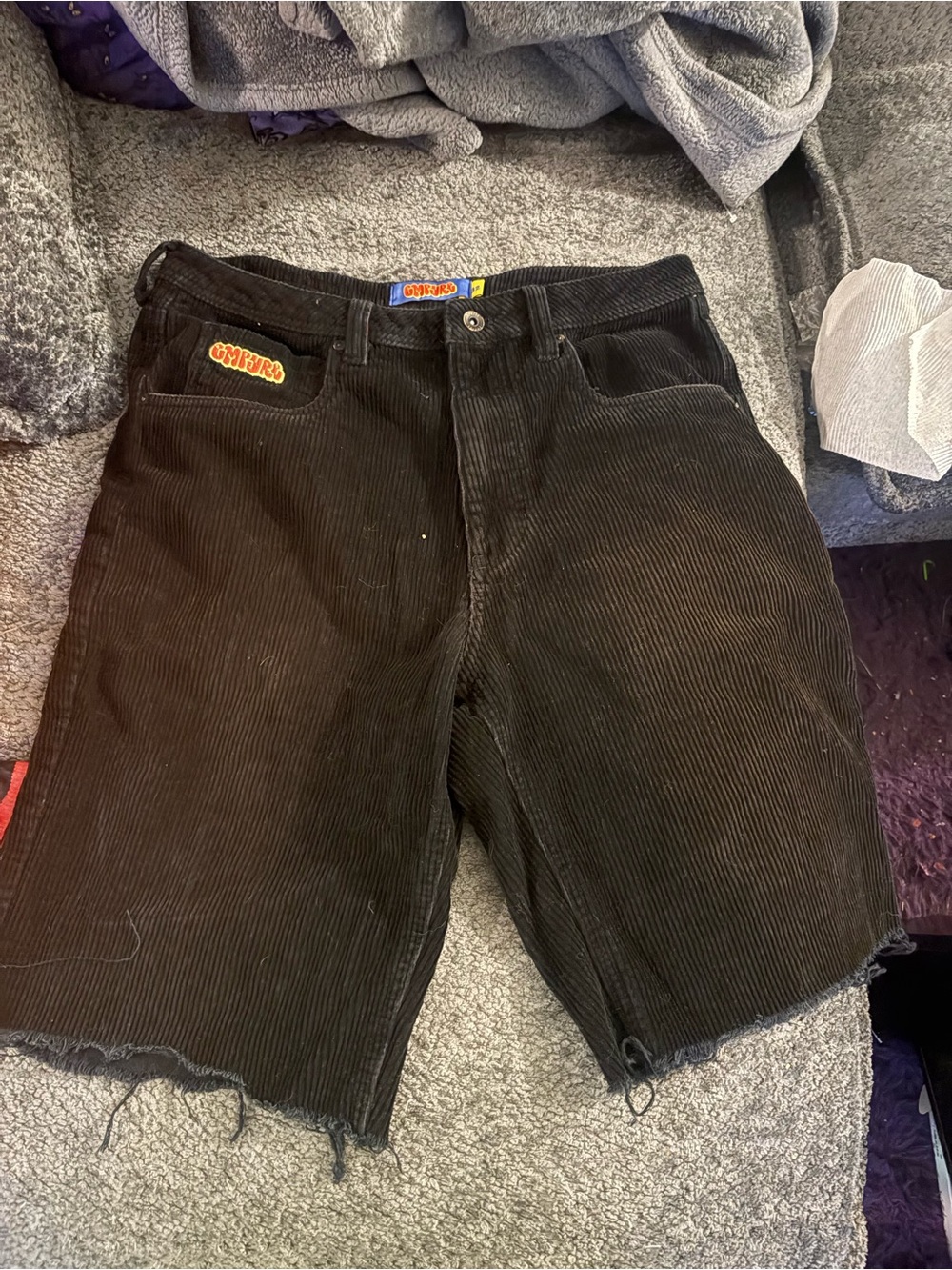 Corduroy Frayed Hem Men's Shorts - Black